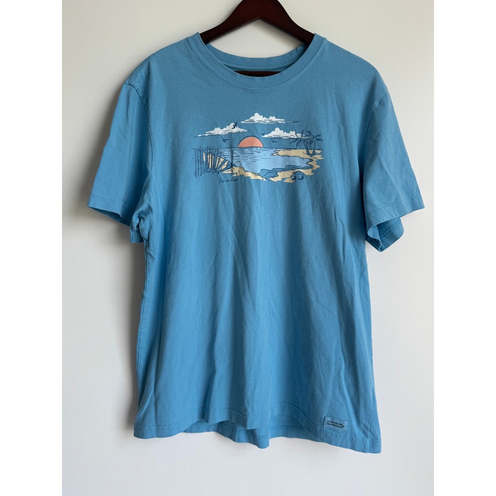 Life is Good Men Blue Beach Sunset Graphic Shirt Crewneck Short Sleeve Tee Shore